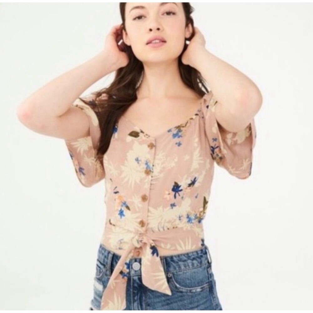 Areopostale y2k floral print front tie crop top size medium